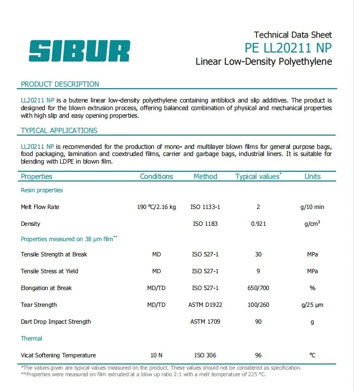 Линейный полиэтилен низкой плотности из полиэтилена 20211/20200 с Скольжением и скольжением