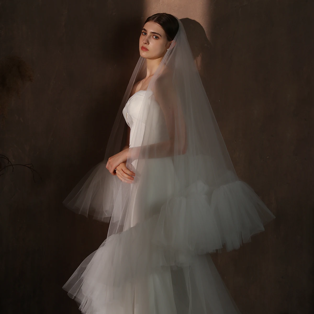 V336 Unique Wedding Bridal Cathedral Veil Two-Layer Tulle Ruffled Edge Long Train White Handmade Royal Brides Veil