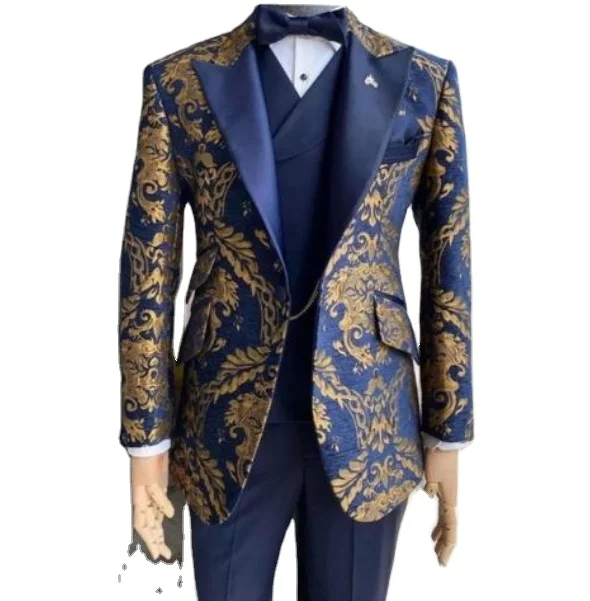 Jacquard Floral Tuxedo Suits for Men Wedding Slim Fit Navy Blue and Gold Gentleman Jacket with Vest Pant 3 Piece Male Costume