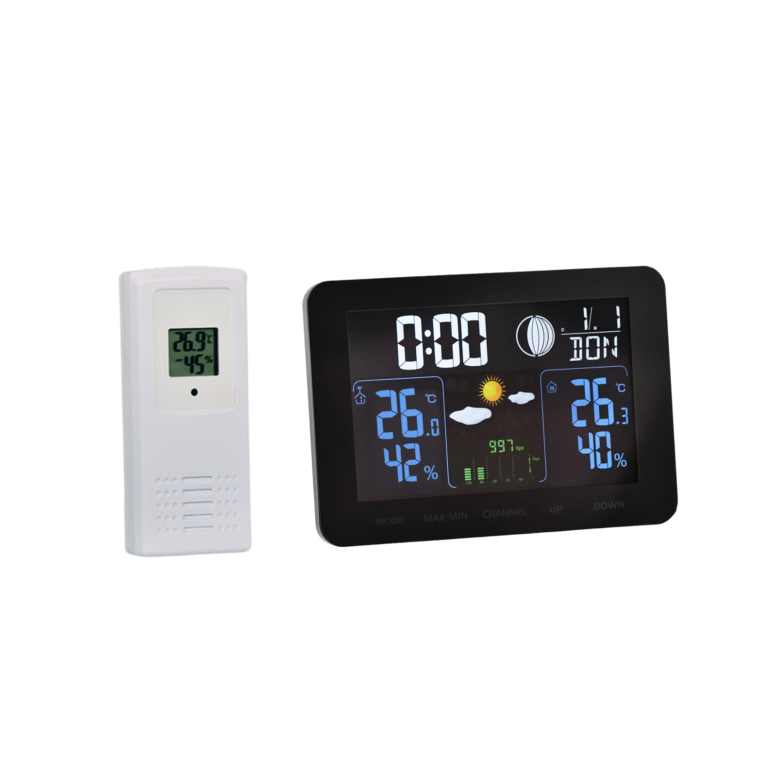 Multi-Function Colorful Weather Station Air Pressure Humidity Indoor Outdoor Touch Buttons Moon Phase Clock