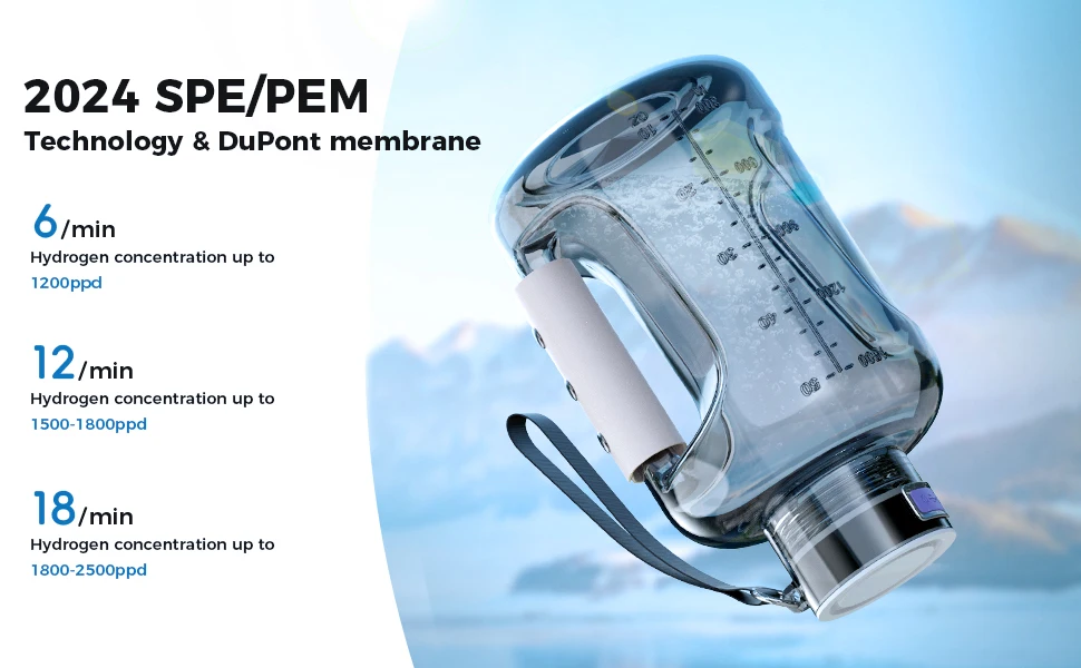 sports kettle Hydrogen Water Bottle Hydrogen Water Generator with SPE/PEM Technology 3000PPB Pure Hydrogen Rich Concentration