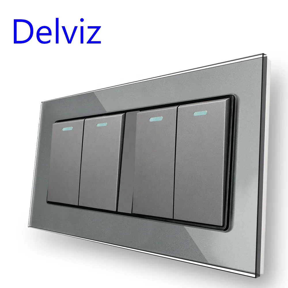 Delviz Toughened Crystal Glass Switch Panel, AC 110V~250V Square 16A Power controller, 4 Gang 2 Way Push Button Wall Lamp Switch