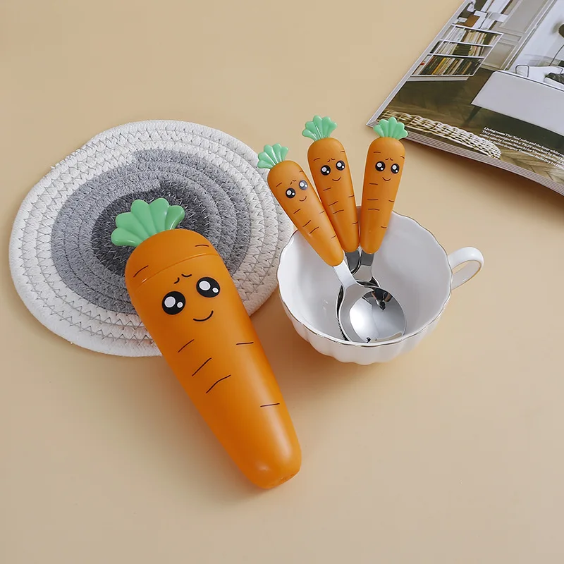 Food Grade Cute Carrot Design Safe Child Cutlery Set Stainless Steel 304 Food Feeding Spoon and Fork with Case Kids Flatware Set