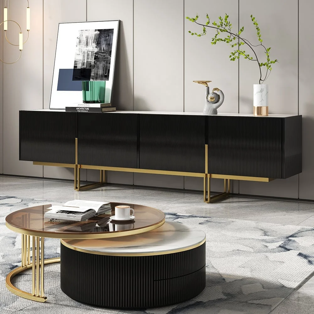 NOVA Modern White TV Unit Tv Stand and Coffee Table Set Stone Top Black Entertainment Center Cabinet for Living Room
