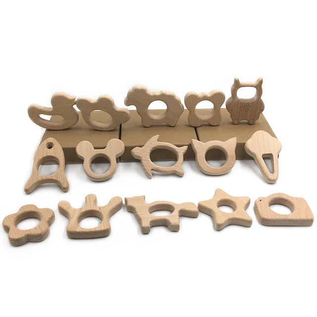 
New Safety Multi Shapes Natural Beech Wooden Baby Teether 