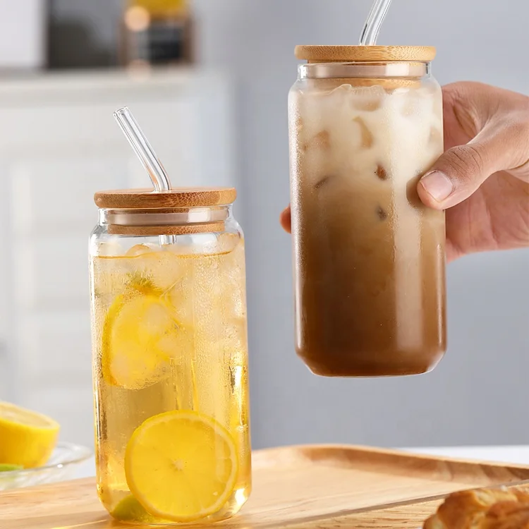 Environmental Friendly Heat Resistant Transparent Glass Beer Can Cup With Bamboo Lid And Straw
