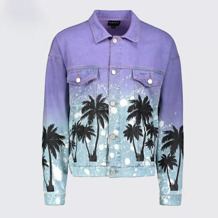 Custom Casual Mens Cotton Jeans Jacket High Quality Streetwear Purple Color Tie Dye Denim Jacket For Men