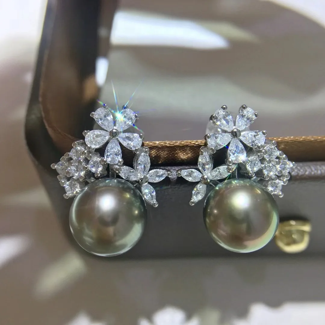 8mm Generous Black Tahiti Pearls Round Shape Freshwater Artificial Zircon Jewelry Pearl Earrings  Elegant