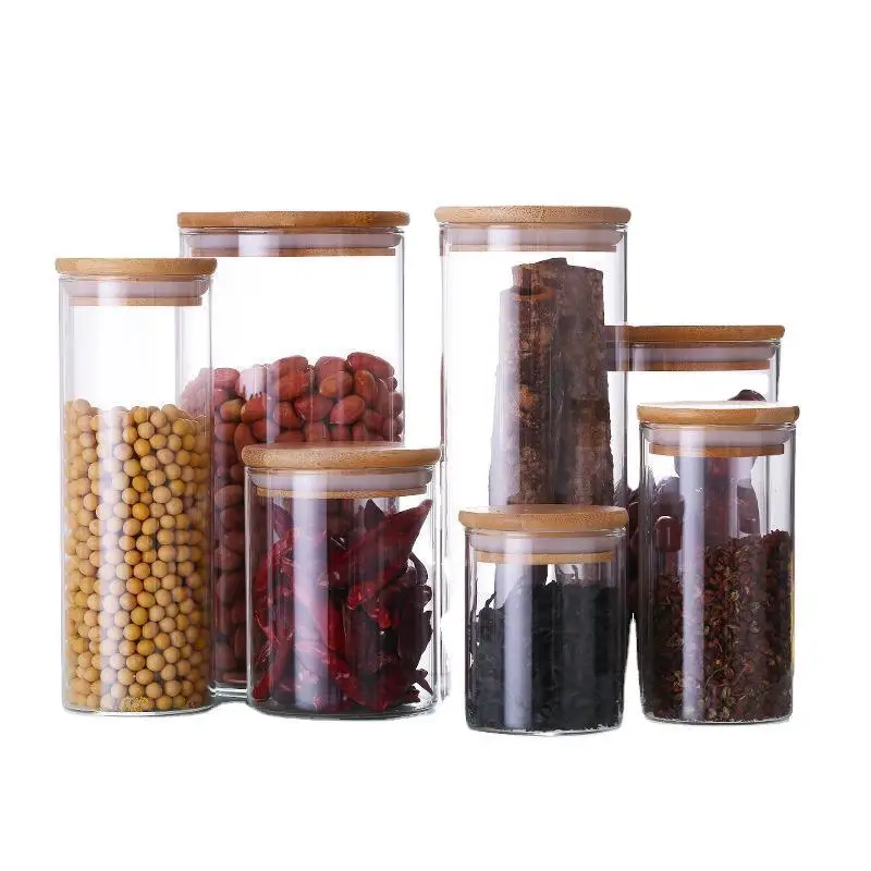 Supplier Empty Round Borosilicate Glass Airtight Kitchen Food Cookies Storage Bottles and Jars With Bamboo Lid