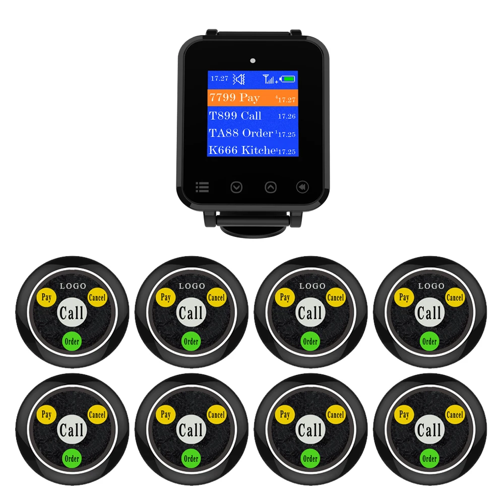 Artom Wireless call bell system with waterproof watch receiver set in different language and customized free logo on pager