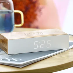 Wooden home office desktop creative mobile phone wireless charging LED electronic alarm clock