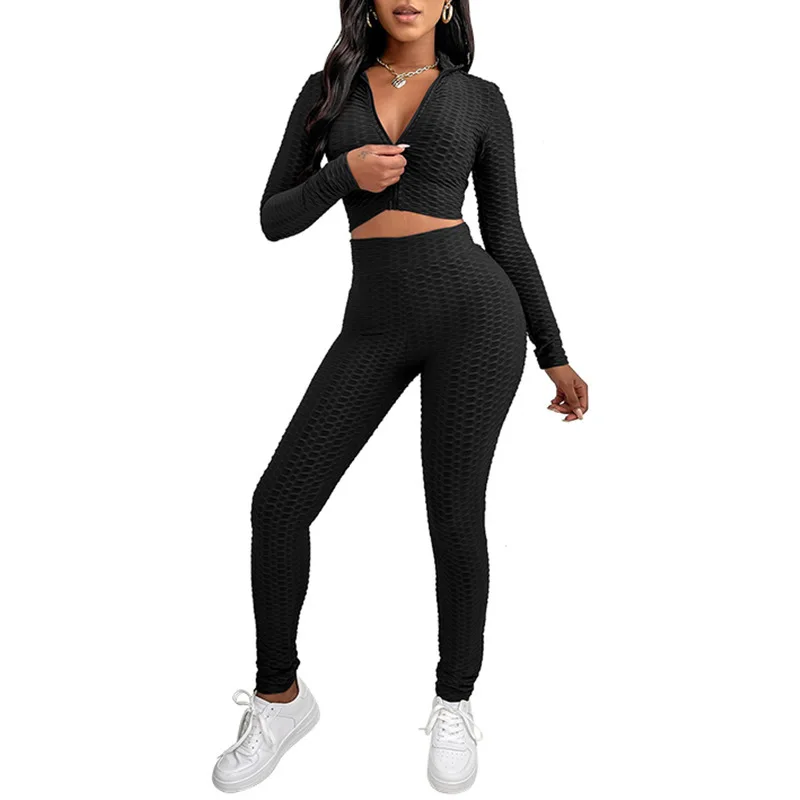 Stand Collar Crop Top Zip 2 Piece Set Breathable Push Up Women Sportswear Active Fitness Suit Yoga Set