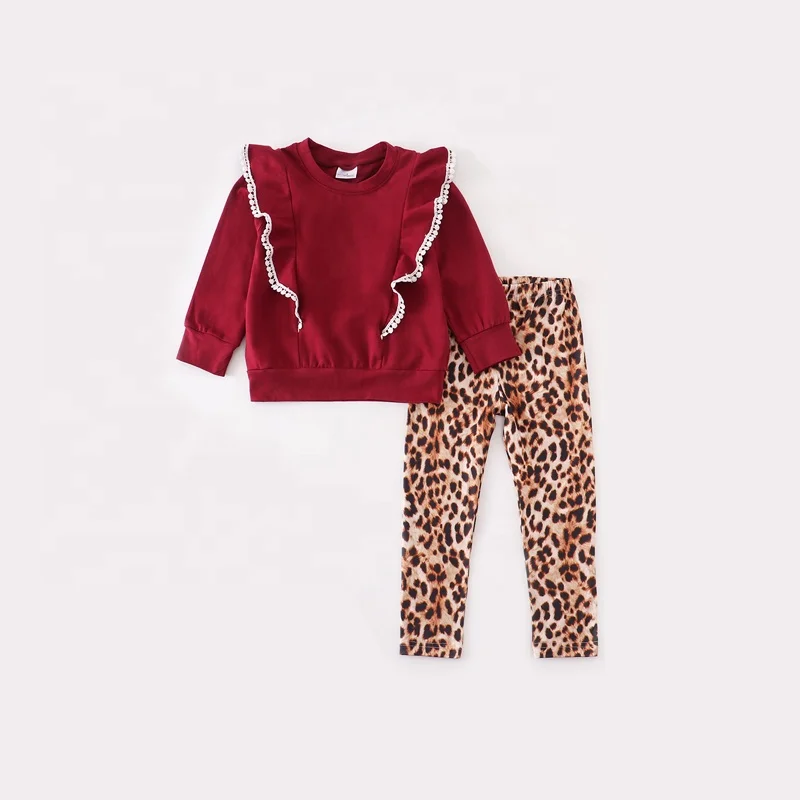 Girlymax 2023 Fashion Boutique Burgundy Cotton Ruffle Long Sleeve Cheetah Pants Baby Girls Outfit