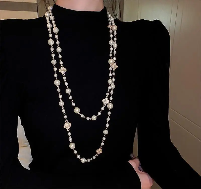 Korean Long Pearl Necklace Charms Multi layered Clover Sweater Women Necklace