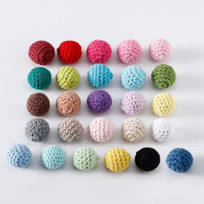 20mm Colorful Crochet Round Ball Beads for Bracelet Jewelry Hand-crocheted Wooden Bead Cotton Thread Teething Baby Toys