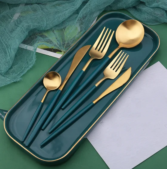 Modern Western Flatware Set Jade Green Handle With Titanium Gold Silver Stainless Steel Matte Cutlery for Restaurant