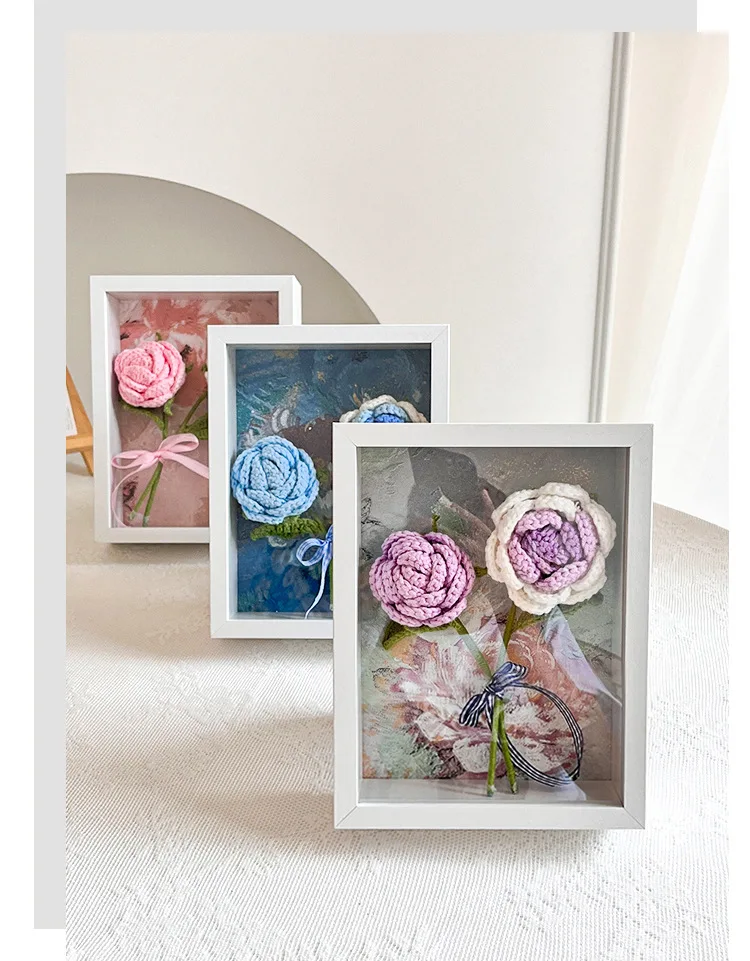 Crochet Flower Bouquets Photo Frame Hand-Knitted Yarns Birthday Wedding Gift Home Decor Desktop Ornament