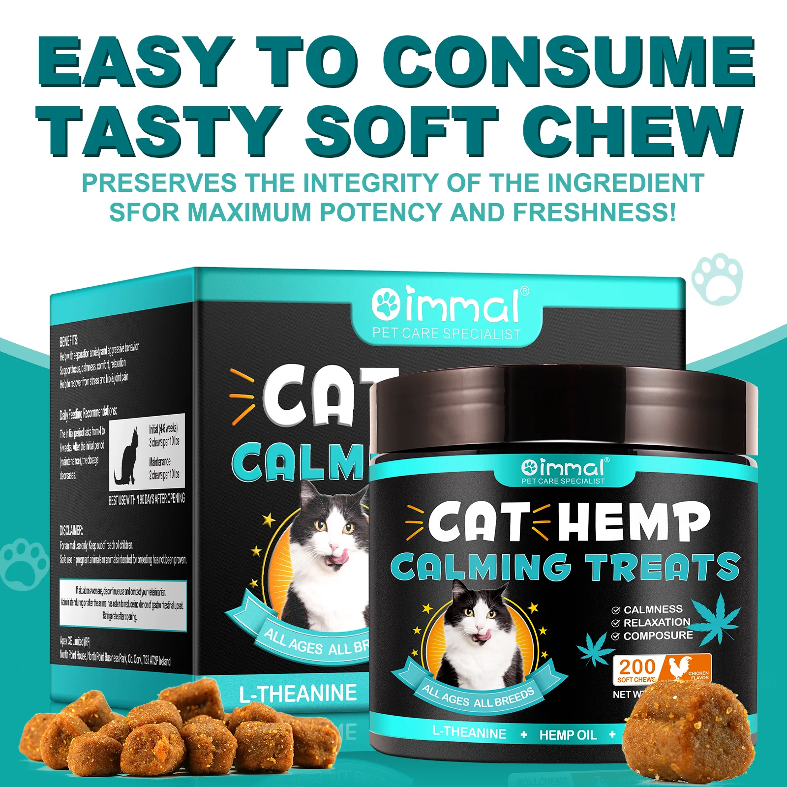 Wholesale Natural Pet Food 200 Soft Chews Chicken Flavor Hemp Calming Treats for Cats Calmness Promotes Relaxation