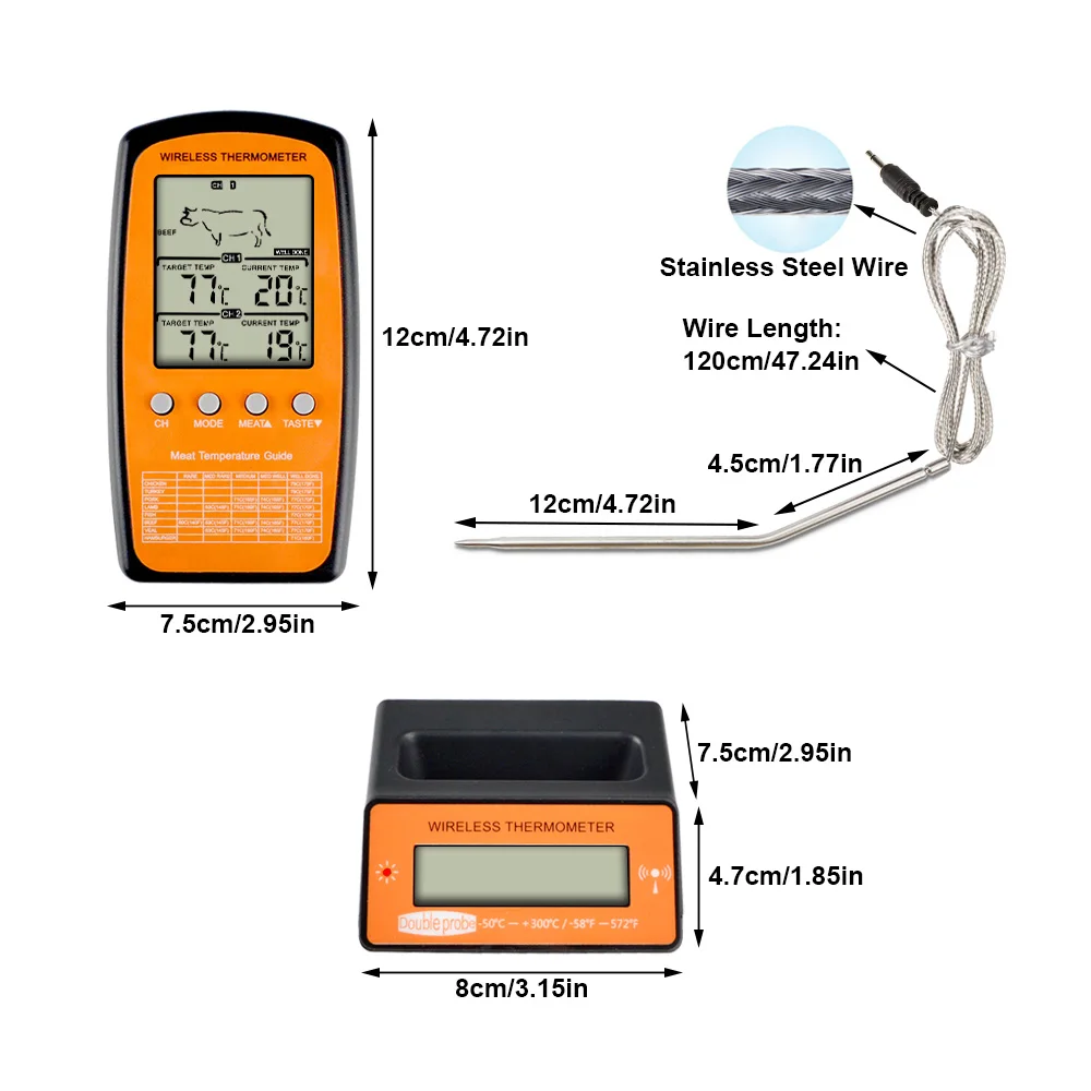 Digital Wireless Oven Thermometer for Food BBQ with 2 Probes for Barbecue Grill Meat outdoor garden cooking thermometer