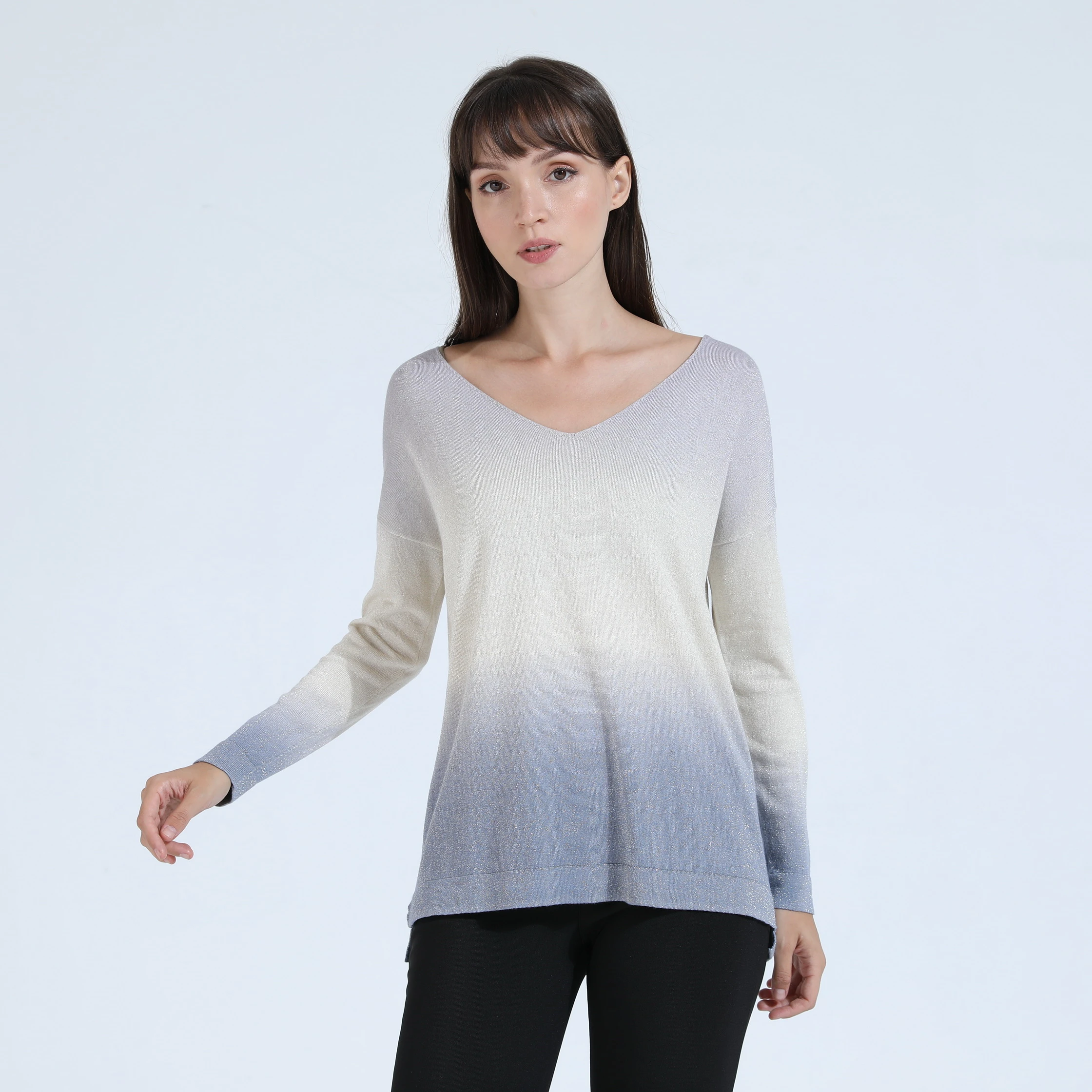 Персонажа женская вязаный свитер с v-образной горловиной, постепенно Меняющие цвет из переработанного материала качества женский свитер-пуловер