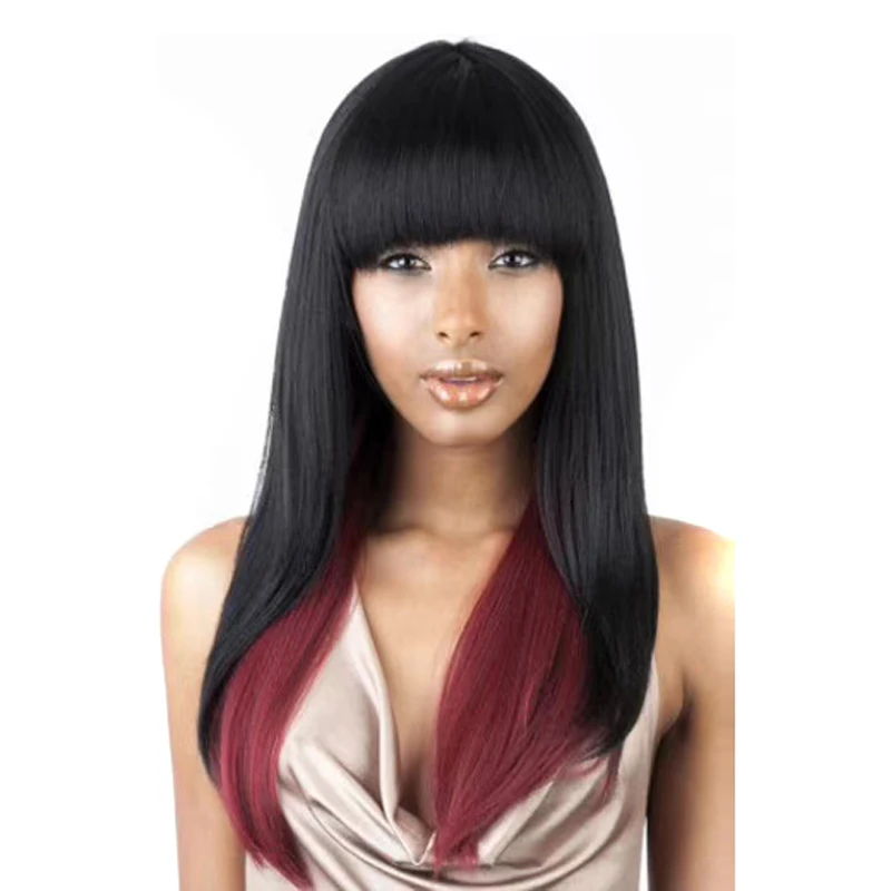Black Mix Red Wigs Cosplay Long Bone Straight Hair Ombre Synthetic Wig With Bangs for Black Women Afro Heat Resistant Fibre