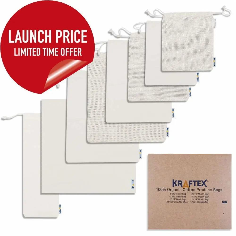 Launch Deal Reusable Produce Bags 8 Pack. Eco-friendly, 100% Organic Cotton Reusable Grocery Bags, Produce Bags