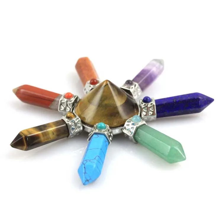 ML Natural 7 Chakra Energy Generators Healing Crystal Quartz Cone Pyramid Tiger Eye Stone Generator