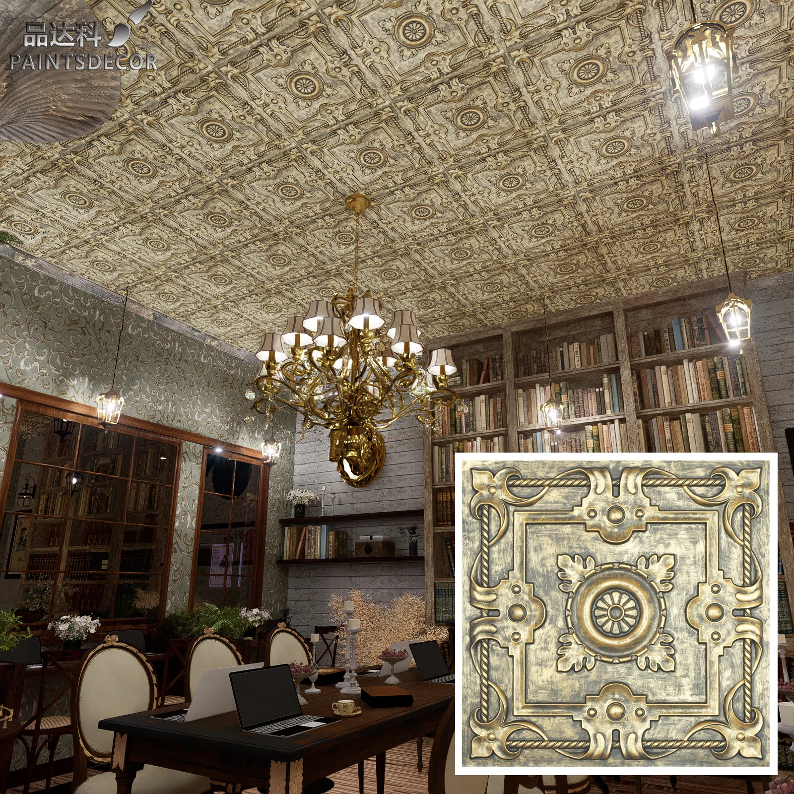 Decorative Ceiling Tile Age Copper Bollywood Design Ceiling Sheet Easy to Install PVC Panels PL29 Ancient Gold