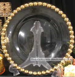 BL210610-1 Glass round wedding table use wholesale beaded charger plate gold rim