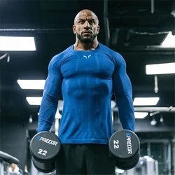 New fashion Stitching color men  fitness sports running tight T shirt stretch sweat quick dry long sleeve shirt