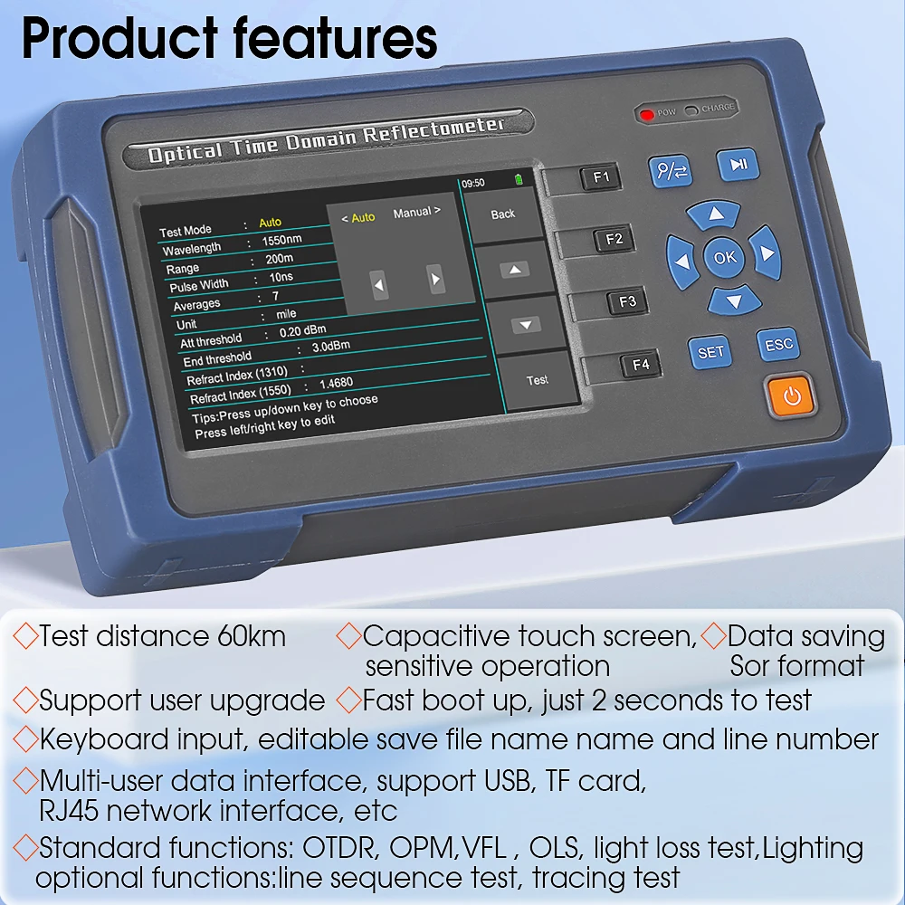 COMPTYCO Mini OTDR AUA601A 1550nm 24/22dB Fiber reflectometer touch screen OLS OPM + VFL 60km -50~+26dBm