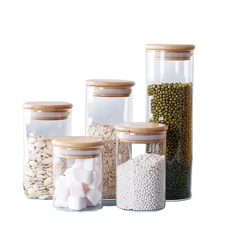 Custom Borosilicate Glass Storage Jar With Bamboo Lid For Tube Shaped Glass Storage Jar For Glass Spice Jar With Wooden Lid