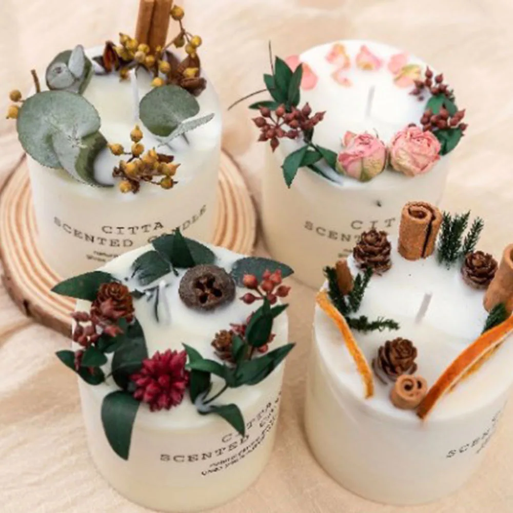 Home Decor Soy Wax Luxury Customized Dried Flower  Luxury Pillar Candles