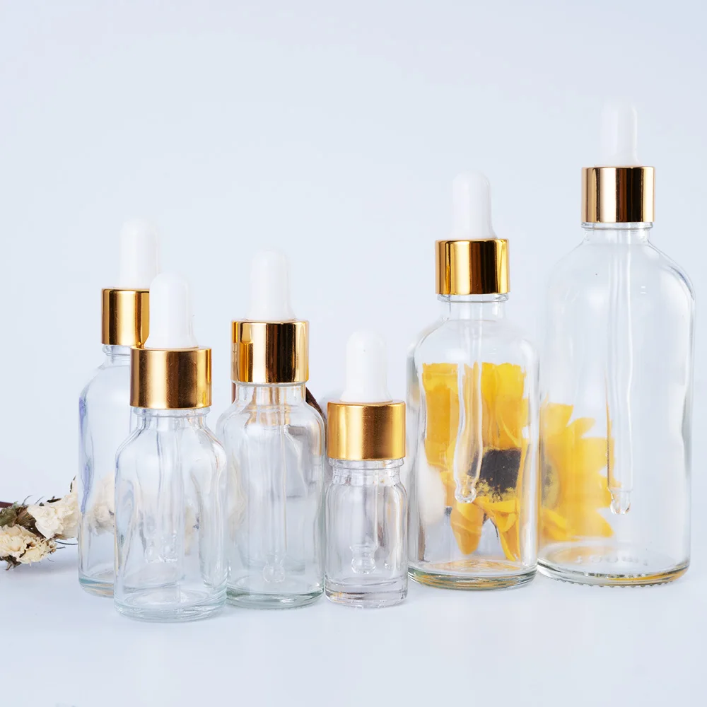5ml 10ml 20ml 50ml 60ml 100ml Essential Oil Gold Aluminum Cap Packaging Dropper Glass Bottle Cosmetic Clear Glass Bottles