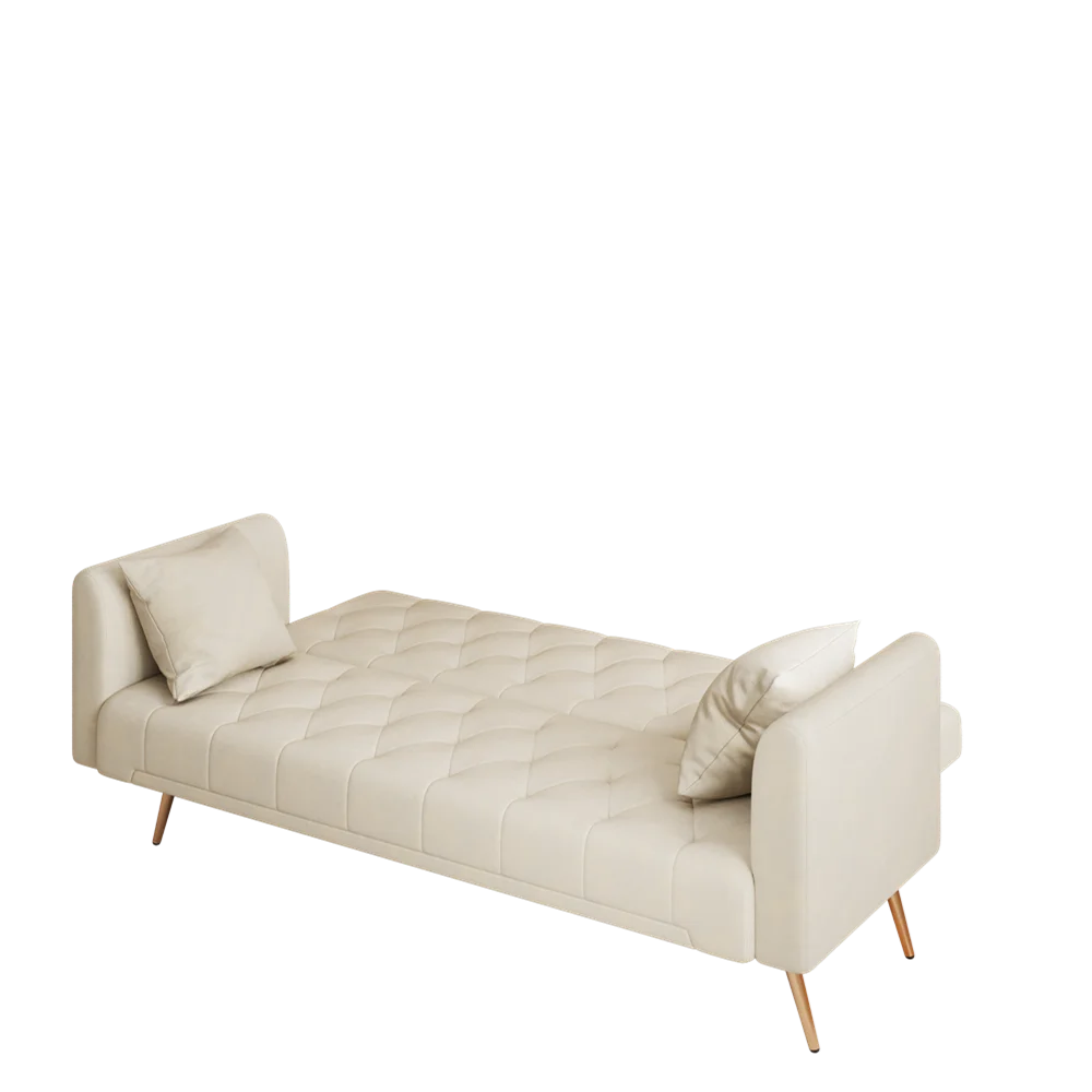 Custom Manufacturer Beige Velvet Three-Seat Sofa Come Bed with Two Throw Pillows Couches Luxury Living Room Sofa for Bedroom