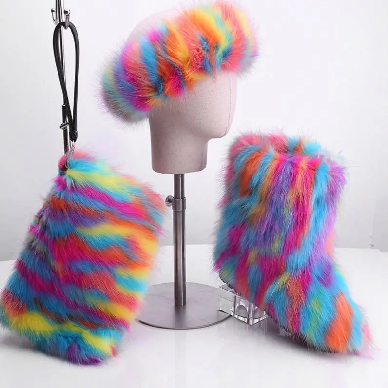 
SET001 Colorful purse fur boots headband 3 piece set fur shoes women shoes winter fake fur boots for women 