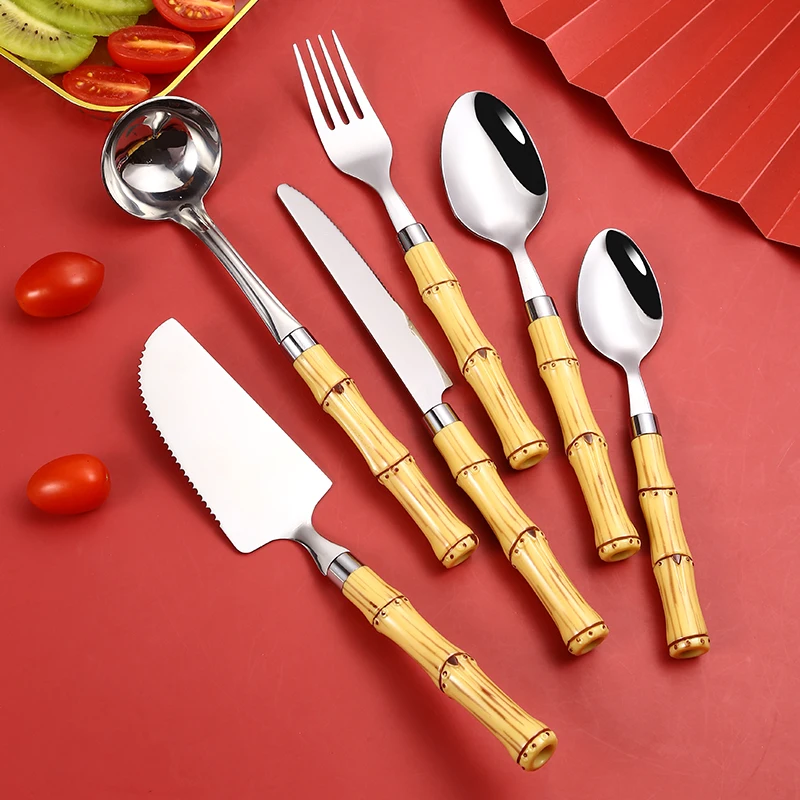 Reusable Fork Knife Serving Spoon With Bamboo Handle 430 Stainless Steel Flatware Set