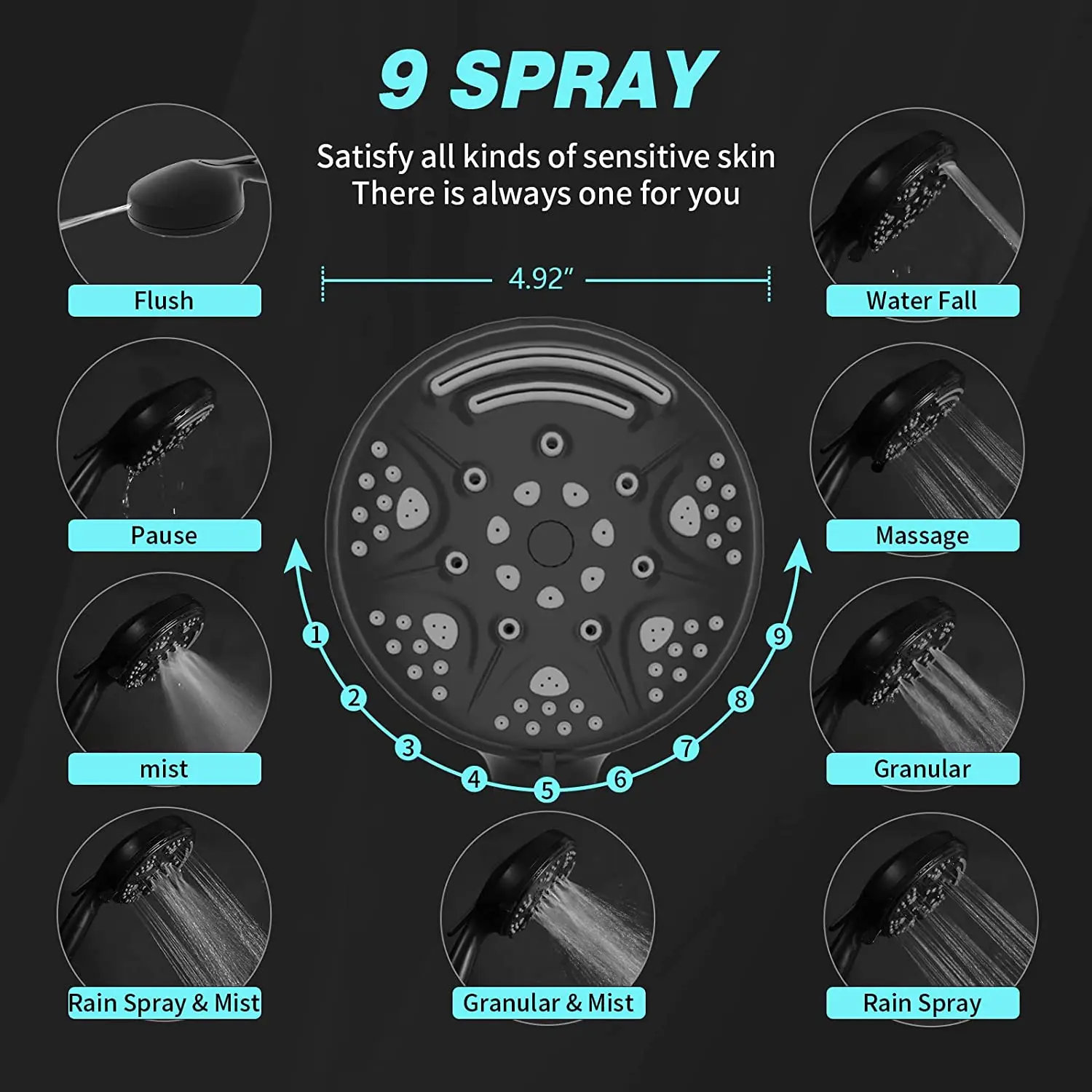 9 Spray Hand Shower with Automatic Power Jet Wash Modes High Pressure 9 Function Settings Black Handheld Shower Heads