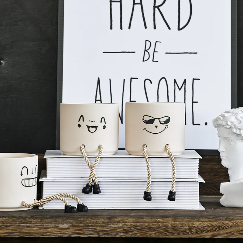 Funny expression living room decoration ceramic succulent hanging flower pot