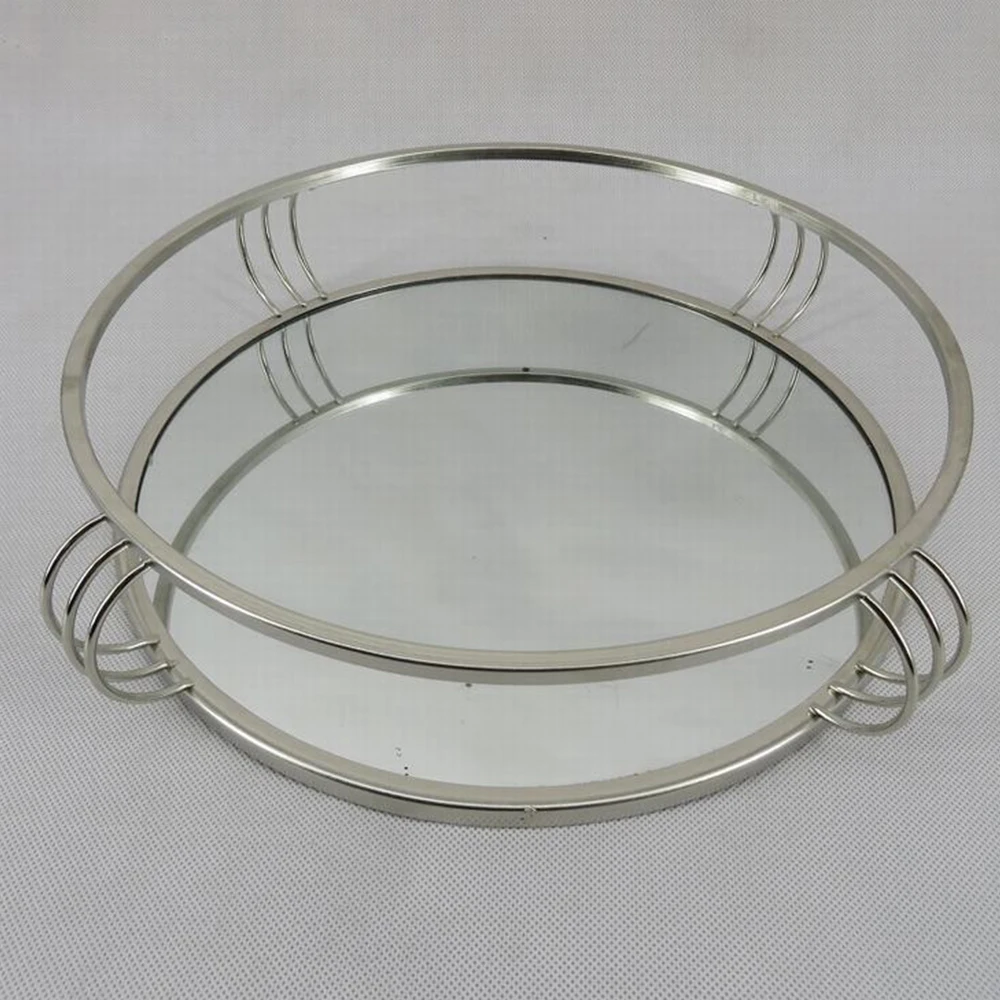 Mayco Large Silver Decorative Modern Luxury Round Storage Serving Vanity Jewelry Metal Glass Mirrored Tray Home Decor Display