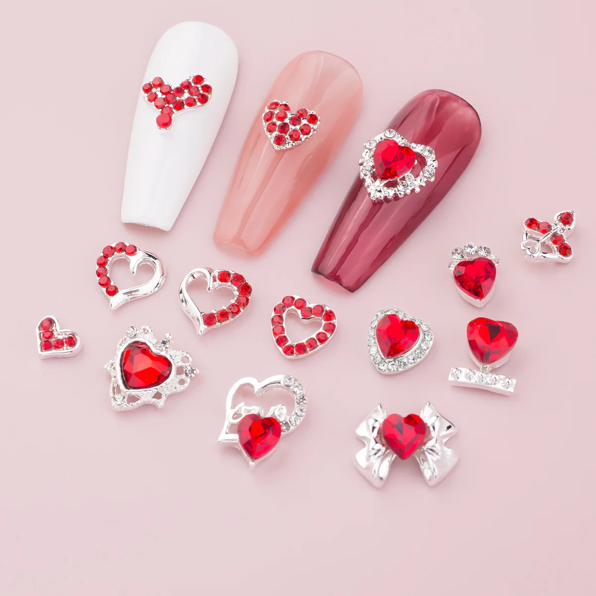 TSZS Best Sale 3D New Heart Love Shape Red DIY Diamond Rhinestone Valentines Nail Charms Silver Metal Red Heart Nail Charms
