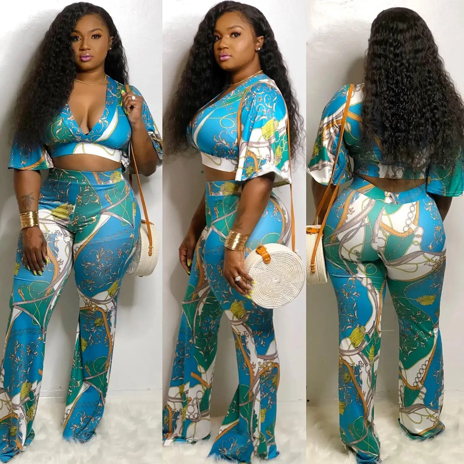 
Современные женские Африканские модные с V-образным вырезом с принтом топ брюки из двух частей 1 комплект Сексуальная Повседневная одежда для девочек 