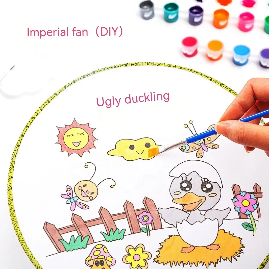 Personalized Children DIY Drawing Toy Hand Fan Painting Blank Round Fan Kindergarten Education Paint Paper Coloring Pictures Fan