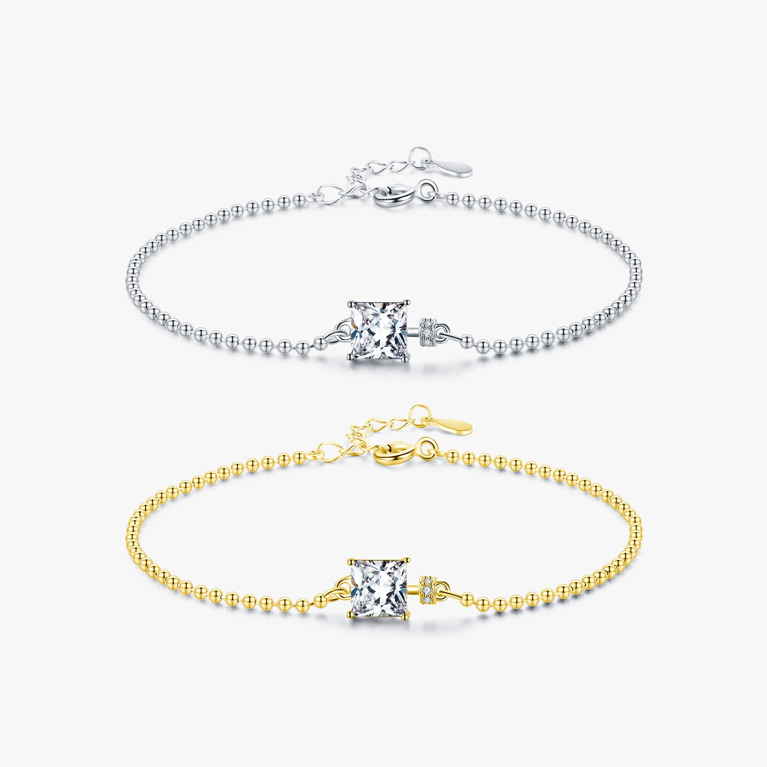 Classic Square Clear CZ Bracelets Solid 925 Sterling Silver Charm Beads Chain Bracelet for Women Wedding Fine Jewelry