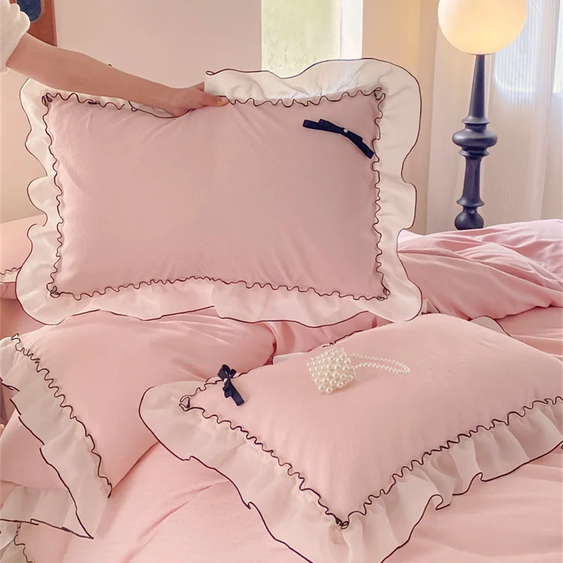 Sunny Home Textile Rose Print + Careful Machine+ Princess Style Bed Skirt + Bedspread Four-piece  Bedding Duvet Set Sheet Set