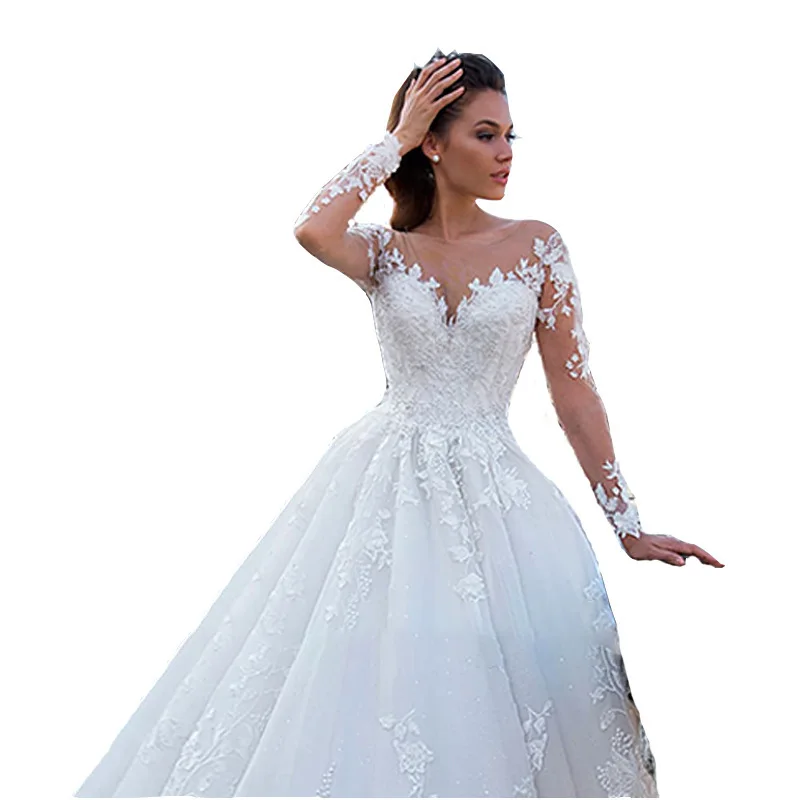 V neck Luxury Long Sleeves dress Customized dress wedding Beaded Lace Fabric White Bridal Gowns modest Robe wedding dress