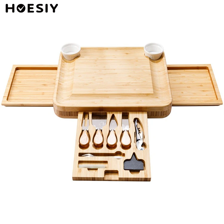 Natural Bamboo Cheese Cutting Tray Logo Custom Cheese Serving Platter Cheese Board With Knives Charcuterie Board Set