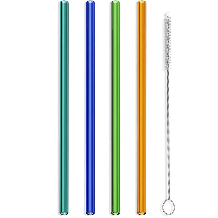 
Reusable Borosilicate Straight And Bent Color Glass Straws With Cleaning Brush 