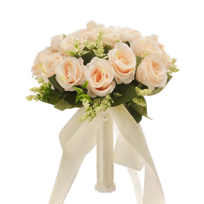 Artificial Holding Flowers White Champagne Bridesmaid Flower Wedding Bouquet With Ribbon