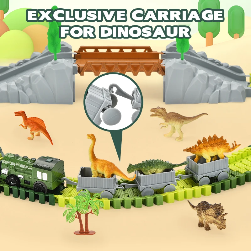 Diy 121 Pcs Dinosaur Race Toy 360 Loop Slide Track Freewheel Diecast Car Double Sliding Track Mini Dinosaur Slot Toy For Kids
